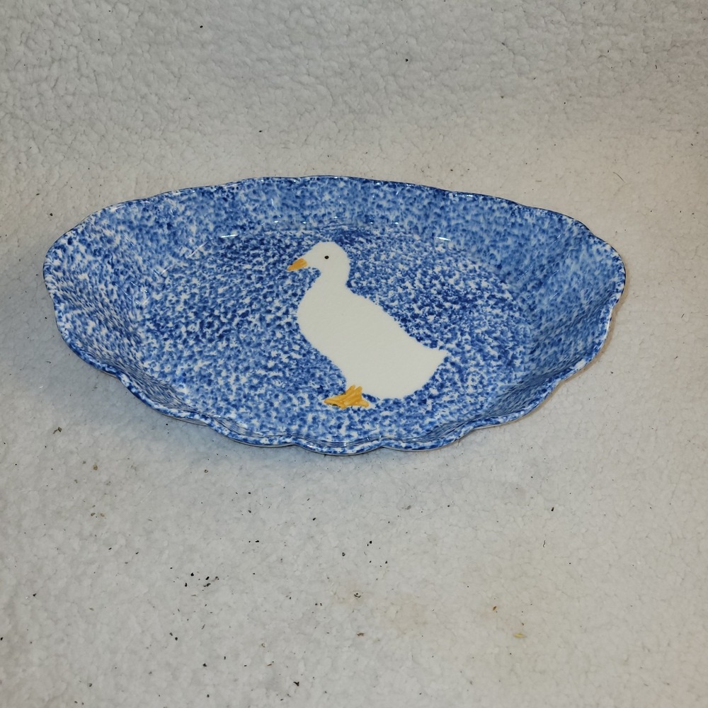 RARE‎ Gustin Co California Blue Spongeware Boat-shaped BOWL/CASSEROLE White Duck